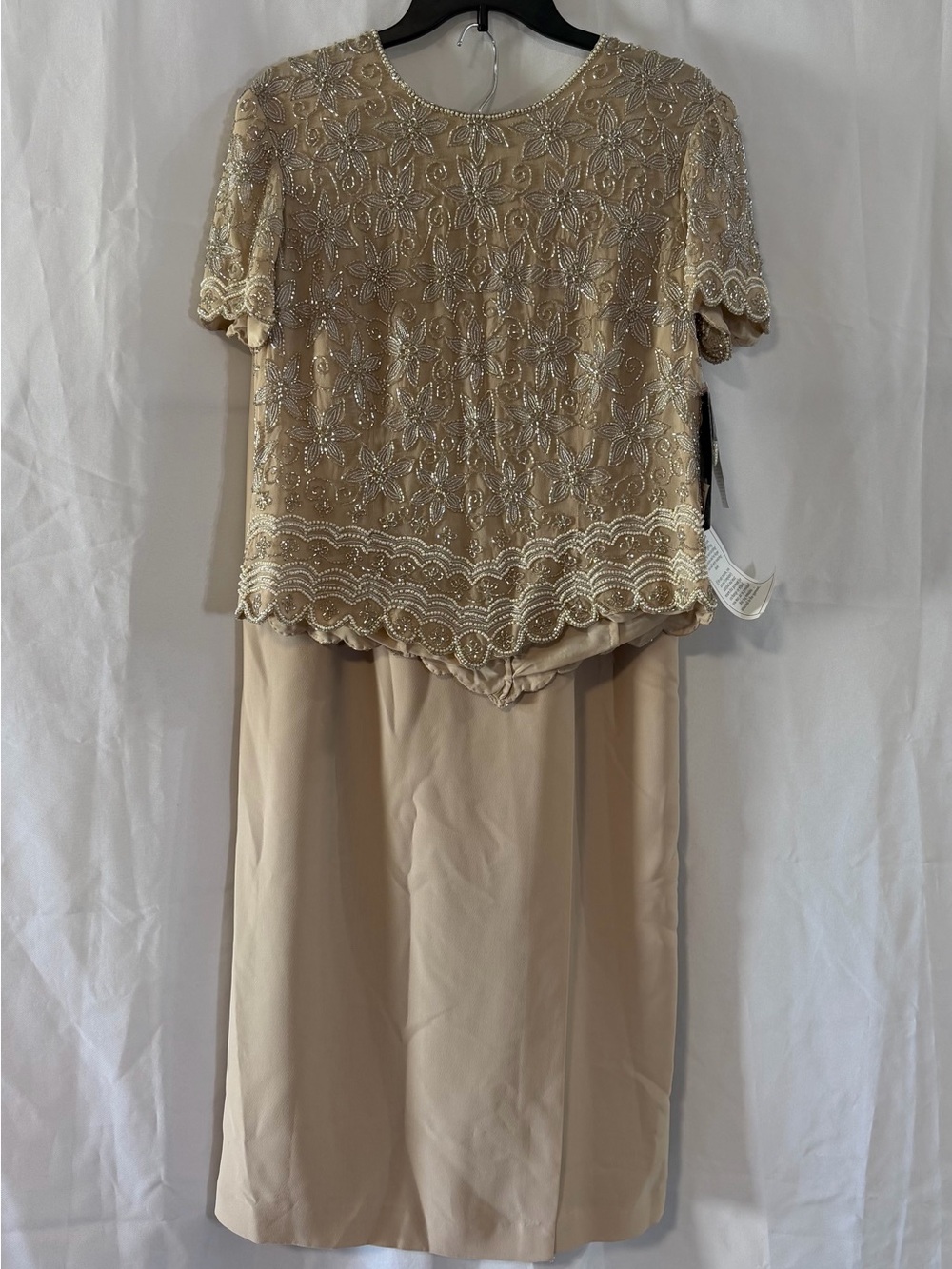 Chadwicks Beaded Two-Piece Midi Dress in Beige and Gold
